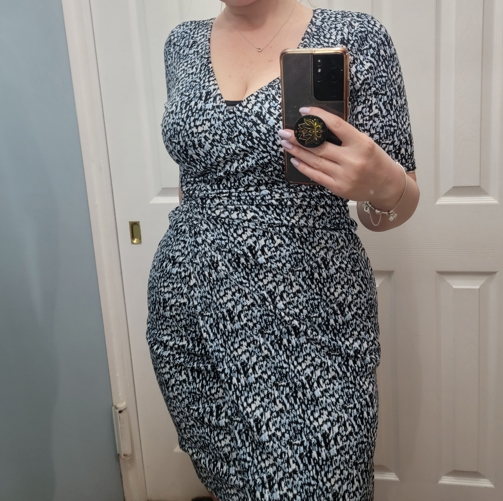 Ann Taylor Faux Wrap Multicolored Blue Black Dress sz Small Medium